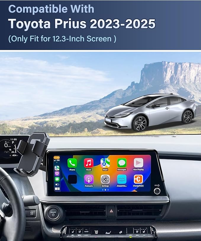 PZK Car Phone Holder for Toyota Prius 2023 2024 2025 XLE/Limited Accessories 12.3-Inch Screen Fixed Clip Auto Lock Car Phone Mount with Sunglasses Storage Box 360° Rotation Fit for 4-7 Inch PhonesCase