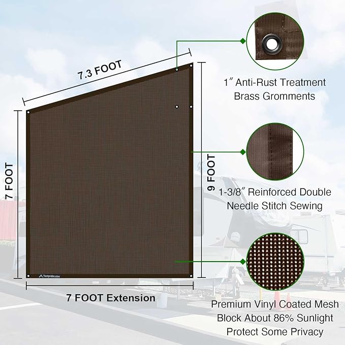 Tentproinc RV Awning Side Sun Shade Screen 9'X7' Mesh Sunshade for Motorhome Camping Trailer Awning Sunscreen Shadescreen Block UV Glare Sunblocker - 3 Year Warranty (Brown)