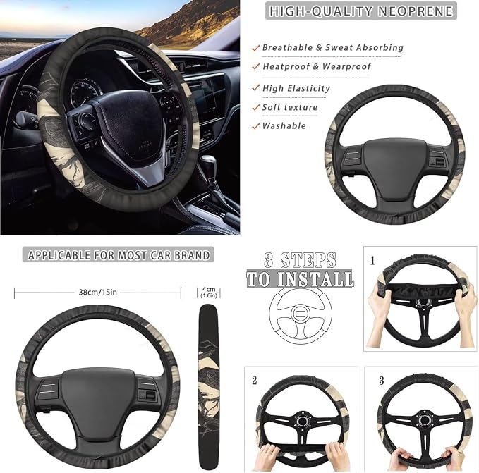 Crow Moon Pattern Car Accessories Set of 10 Front and Back Seat Covers Cup Coasters Car Trash Can Steering Wheel Cover Keychain Air Vent Storage Bag Interior Covers for Auto