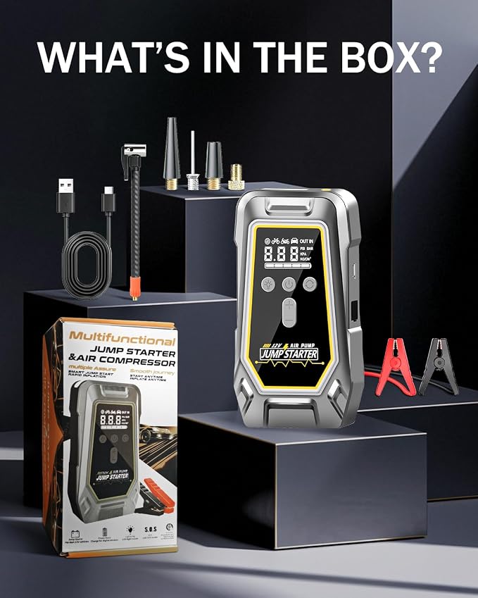 Jump Starter with Air Compressor,Portable Car Battery Booster (8.0 Gas/6.5L Diesel) with 150PSI Auto-Shutoff Tire Inflator,12V Supersafe Lithium Jump Box Car Battery Jumper Starter with LCD Display