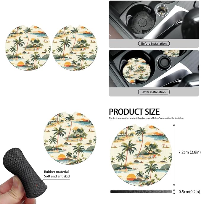 Coconut Tree Car Seat Cover Full Set of 13, Hawaii Beach Vehicle Headrest Cover Cup Holder Coaster, Tropital Sunset Automotive Interior Covers for Sedans Trucks