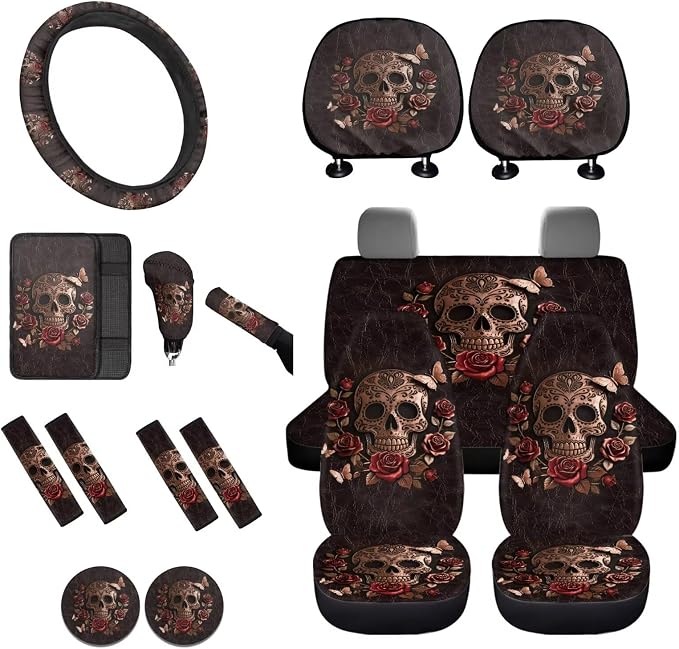 Lotusorchid Skull Print Car Seat Covers Full Set, Rose Butterfly Printed Car Front Back Seat Covers Headrest Cover, Non-Slip Gear Shift Knob Protector Steering Wheel Cover Set of 16