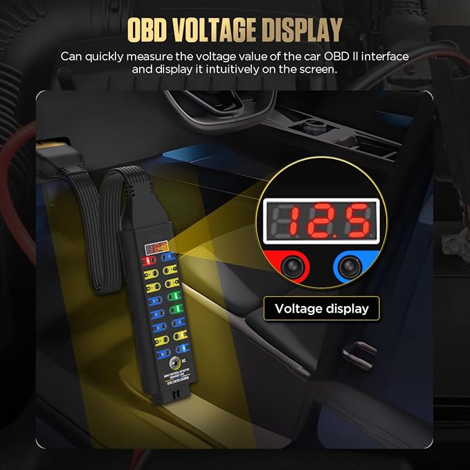 Upgraded OBD2 Breakout Box 16-Pin CAN Diagnostic Tool with LCD Voltage Display & 3-Color LED Indicator, 45cm TPU Cable + 4-Color Jumpers, Works with Multimeter/Oscilloscope, E CU Power Supply