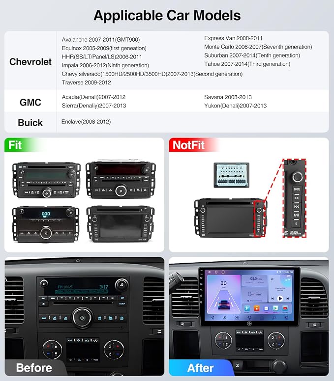 Touchscreen Car Stereo Radio Upgrade for Chevy Silverado 2007-2013 GMC Sierra Yukon Buick Enclave Replacement Head Unit Installation Kit Built in CarPlay Android Auto (11.5" 4G+64G)