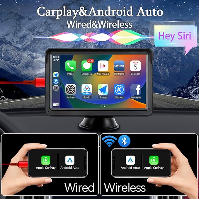 7" Portable Car Stereo Wireless CarPlay & Android Auto Screen for 2024 Latest Car Portable Touchscreen Display with Bluetooth, GPS Navigation, Voice-Control, 360° Rotation