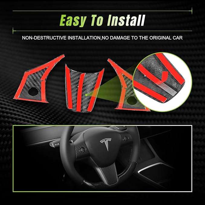 Steering Wheel Trim Cover 3PCS for 2017-2023 Tesla Model 3&Y,3K Toray Dry Carbon Fiber Interior Accessories Compatible with Tesla Model 3&Y(Matte Black)