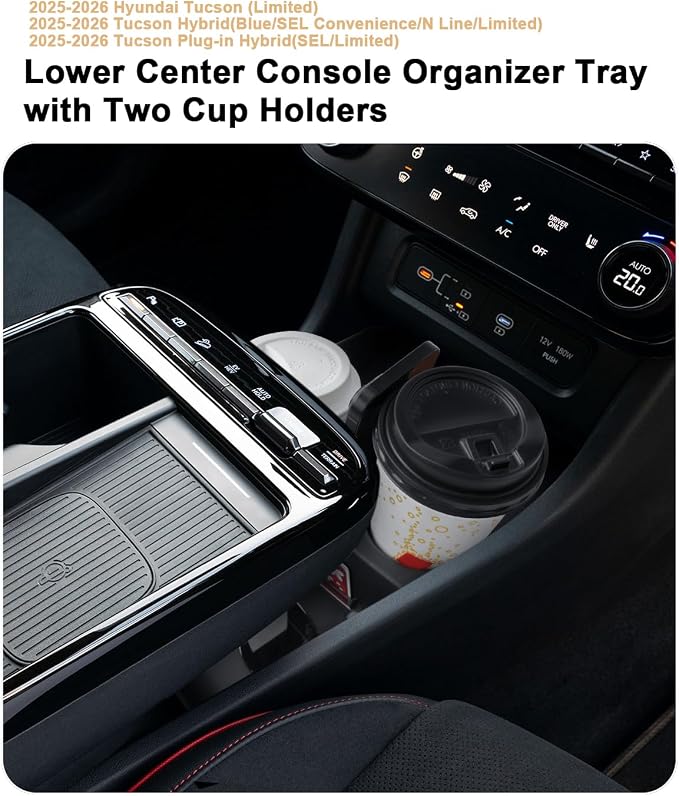 ECOZEN Lower Center Console Organizer For 2025-2026 Hyundai Tucson - TPE Lower Console Storage Tray with Two Extra Cup Holder For 2025-2026 Tucson/Hyundai Accessories - Only Fit With Electronic Shift