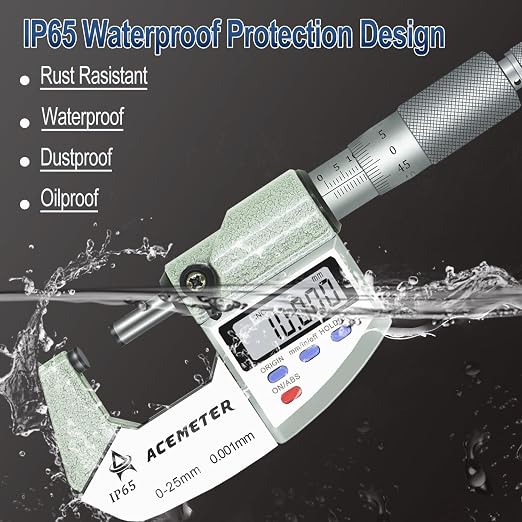 Digital Micrometer Precision Professional 0-1" (0-25mm) Range, 0.00005" (0.001mm) Resolution,Large Screen Digital Micrometer, Meets IP65 Specifications with Standard Ratchet Stop