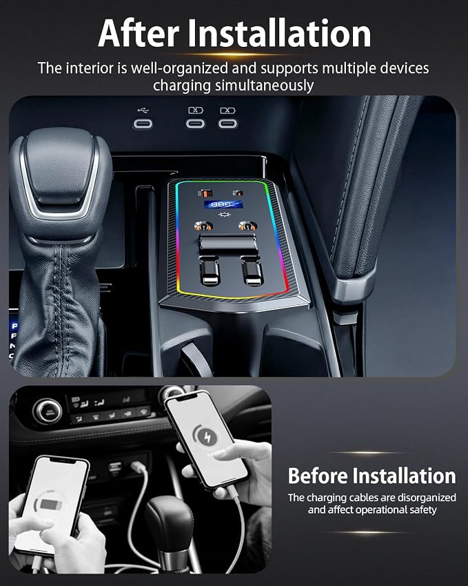 ELOHEI Car Fast Charger for Toyota Camry 2026 2025 2024 with 8-Color Ambient Light, Multi Port Retractable Docking Station for Toyota Camry 2023-2026 Accessories (Black)