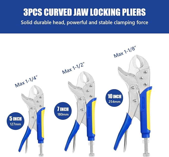 Locking Pliers Set,5"/7"/10" Curved Jaw Vise Grip,6-1/2"and 9-1/2" Needle Nose Vice Grips, 6" C-Clamp for Woodworking, Metal Working and Welding