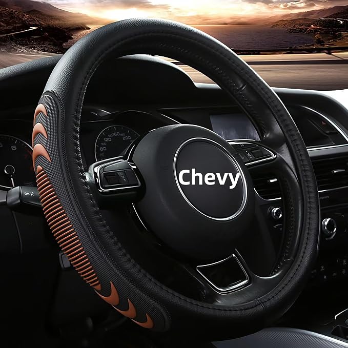 Leather Steering Wheel Cover for Chevy Silverado 1500 2500 3500, 14.5-15 inches Car Steering Wheel Cover with Anti-Slip Massage Particle (Brown)
