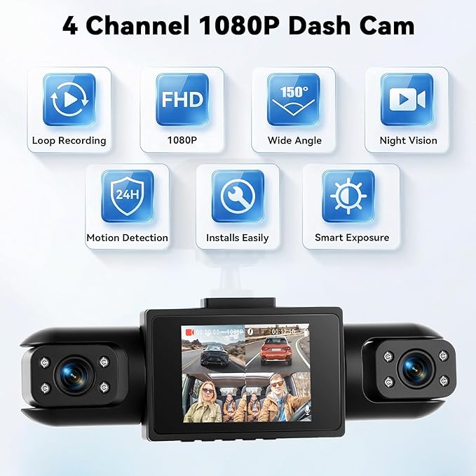 360° 4 Channel 1080P Dash Cam Front and Rear Inside Left Right, 2“ IPS Dash for Cars, Built-in Loop Recording & G-Sensor, 24/7 Recording Parking,Motion Detection,Night Vision,Reversing Help (No WiFi)