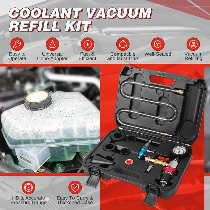 Coolant Vacuum Refill Kit Quick Airlift Coolant Refill Tool, Universal Adapters, Precise Flow Control Pneumatic Vacuum Fill Coolant, Cooling System Vacuum Purge & Refill Kit for Most Vehicles