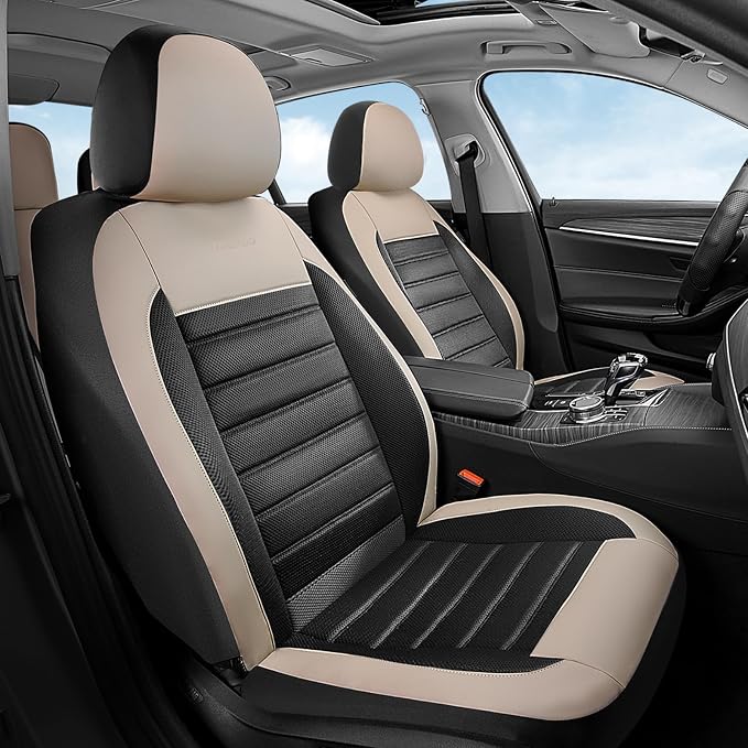 Coverado Car Seat Covers Full Set, Luxury Leather Car Seat Covers, Automotive Front and Rear Mesh Seat Covers, Full Set 5 Seats, Black Beige Seat Covers for SUV Sedan Truck