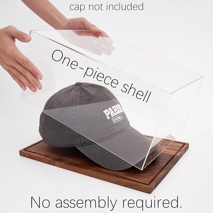 LITY Hat Display Case, No Assembly Required Clear Acrylic Baseball Cap Stand, UV Protection Signed Hat Transparent Showcase, Cap Display Box with Solid Wood Base Risers & Hat Shaper