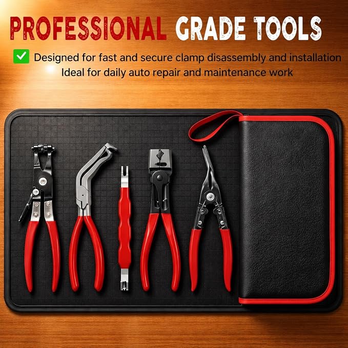 5PCS Automotive Electrical Disconnect Pliers Kit with Leather Storage Case | High-Carbon Steel Connector, Hose Clamp & Trim Clip Removal Tools for DIY Car Repair & Professional Mechanics