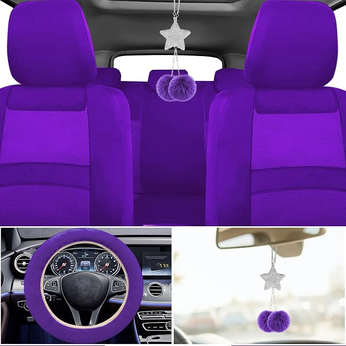 JINGSENCar Seat Cover Full Set for Women with Waterproof Floor Mats,3D Air Mesh Car Seat Cover with 5mm Composite Sponge Inside,Universal Fluffy Steering Wheel Cover,Accessories Full(Purple)