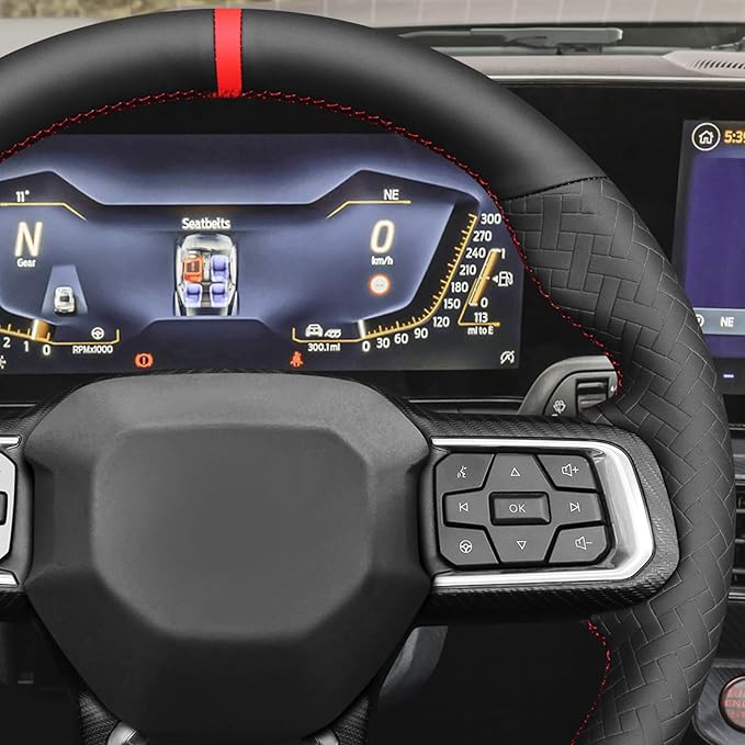 MEWANT Hand Stitch Black Solid Woven Embossed Artificial Leather Steering Wheel Cover for Ford Mustang 2024