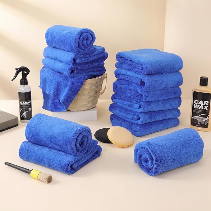 Shimeyao 30 Pcs 12 x 16 Inch Edgeless Microfiber Plush Towels for Cars Detailing Drying Wash Polishing Absorbent Cleaning Cloths, 500 GSM (Dark Blue)