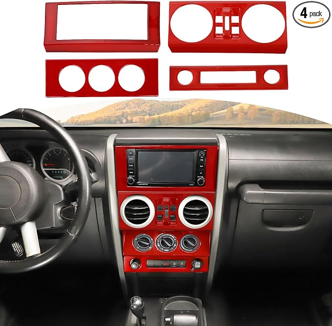 RT-TCZ for Wrangler JK Dashboard Center Console Control Panel Trim Cover Red for Jeep Wrangler JK JKU 2007-2010 Red Interior Accessories 4pcs