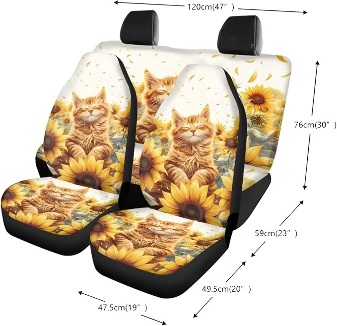 Cat Sunflower Pattern 13 Pieces Car Accessories Set, Anti Slip Car Front and Rear Seat Cover + Steering Wheel Cover + Seat Belt Cover Pad for Car + Coasters for Women Men