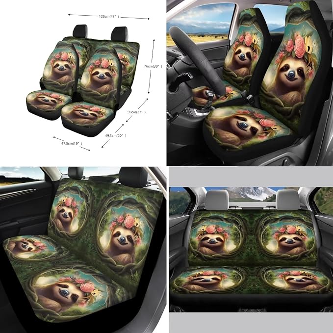 Suobstales Cute Sloth Print Car Seat Covers Full Set for Women Girly Seat Cover Protector Auto Decorative with Steering Wheel Cover +Seat Belt Covers +Coasters +Keychains