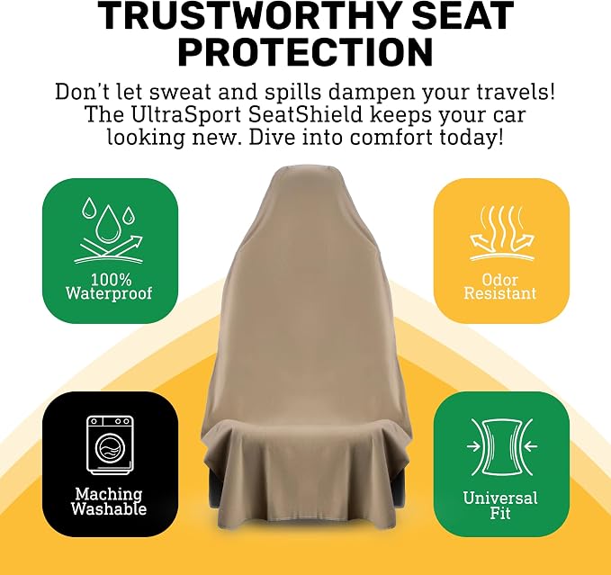 UltraSport Tan Front Seat Cover - Waterproof Car Seat Protector, Universal Fit, Washable, Soft Microfiber, Anti-Stink, Comfortable, Easy to Install