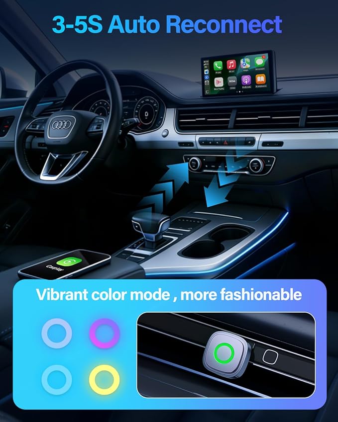 Simple CarPlay Wireless Adapter, Plug & Play in 3-5 Sec, 5.8GHz Stable Connection, Easy Wireless CarPlay & Android Auto Adapter for Any Car