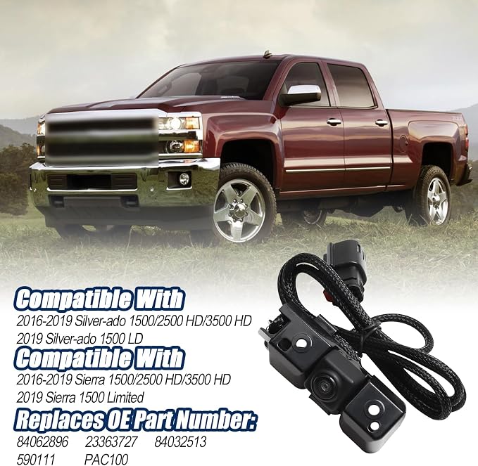 Backup Rear View Camera Compatible with 2016 2017 2018 2019 Silvera-do Sierra 1500 2500 3500 Park Assist Reverse Cameras with Power Tailgate Plug Replaces 84062896,23363727