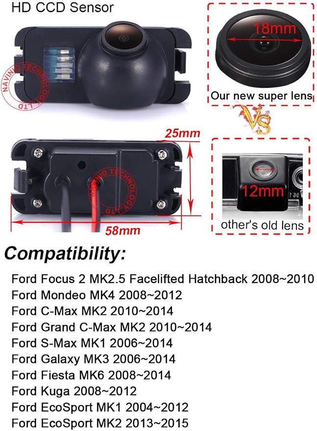 1280 * 720 Pixels car Rear View Backup Camera Replacement for Ford Focus 2 Mondeo MK4 C-MAX MK2 Grand C-MAX MK2 S-MAX MK1 Galaxy MK3 Fiesta MK6 Kuga Ecosport Parking Reverse Vehicle Camera Waterproof