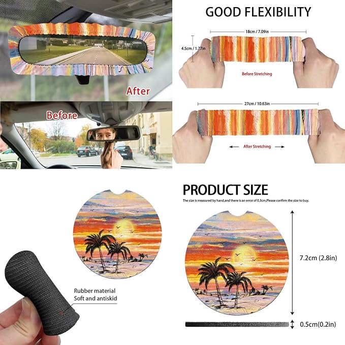 Sunset Tropical Palm Car Seat Cover Full Set Automotive Steering Wheel Covers Auto Seatbelt Pads Coaster Trash Can Rear View Mirror Cover Car Coasters Keychain 15 Packs
