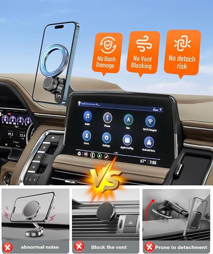 Magnetic Car Phone Mount for 2021-2024 Chevrolet Suburban/Tahoe/GMC Yukon Accessories, for MagSafe Strong Magnets Cell Phone Holder 10.2-Inch Screen Cradles, with Portable Phone Gripper