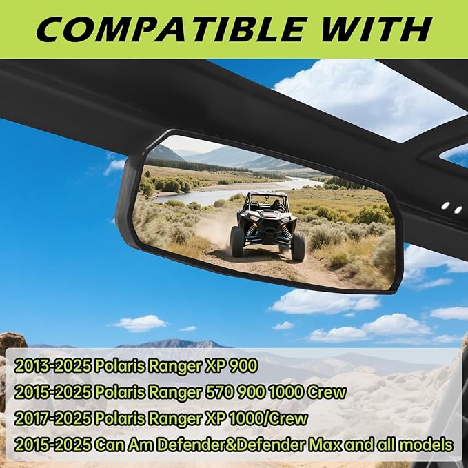 SHEJISI UTV Rear View Mirror Compatible with Can Am Defender HD10 HD9 HD8 HD7 HD5,Polaris Ranger 500 570 900 XP 1000 XP/Crew, No Drilling Modification, Easy Installation, Clear and Large Field of View
