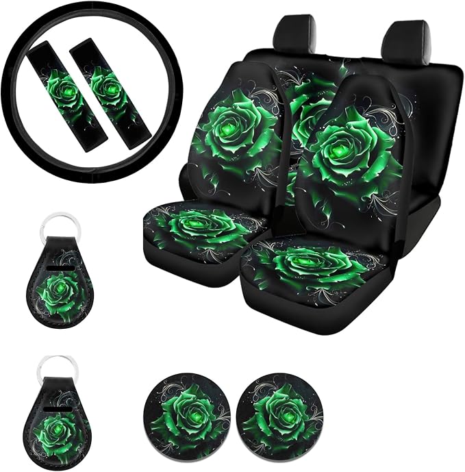 Ystardream Green Rose Car Seat Covers Full Set Washable for Car for Women Accessories with Steering Wheel Cover+Seat Belt Cover/Coasters+ Keychain,Universal Full Set 11-pcs