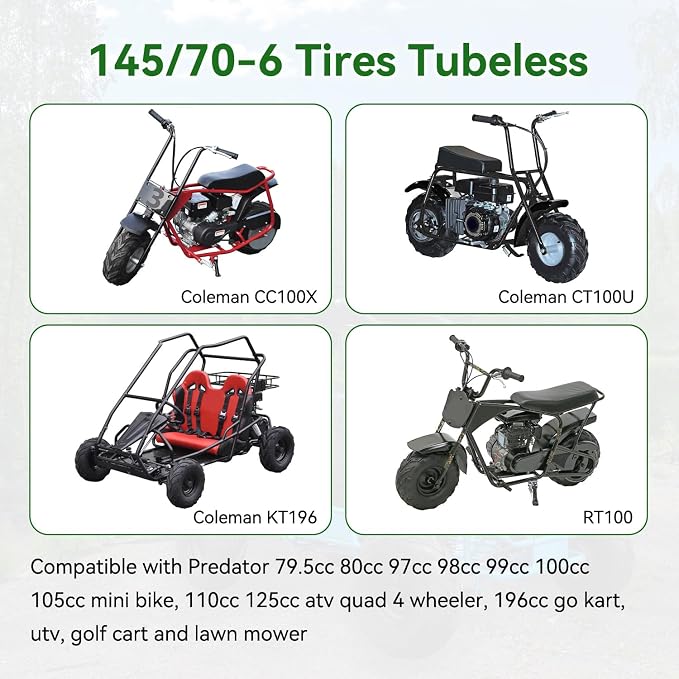 145/70-6 145 70 6 Tire Tubeless Compatible with Mini Bike GMB100 Coleman CT100U CC100X RB100 Go Kart KT196 Baja Doodle Bug DB30 Motovox Mega Moto 80cc 105cc Kazuma ATV Quad 4 Wheeler UTV