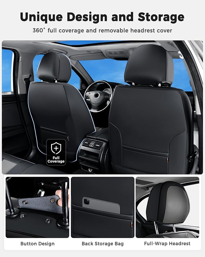 Huidasource Car Seat Covers Front Seats Luxury Nappa Leather, Front Seat Covers with Airbag, Front Storage Pocket, Lumbar Support, Cooling＆Heating, Universal Fit for Most Cars SUV Trucks, Black&Gray