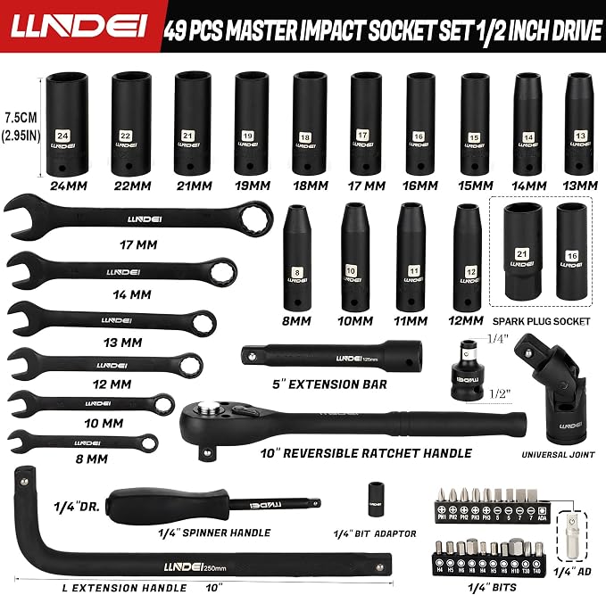 LLNDEI 1/4-Inch Impact Socket Set Metric(4-15mm) Deep and Shallow &1/2 inch Socket Wrench Set