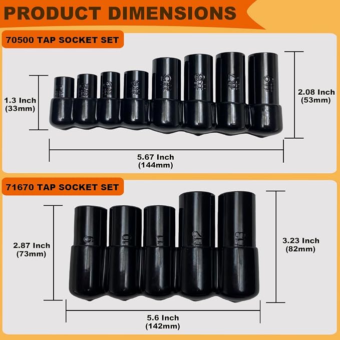 70500 Tap Socket Set + 71670 Tap Socket Set, 13Pcs Tap Socket Wrench Adapter Set Fits All Number & Fractional M.C.T.I. Standard Taps