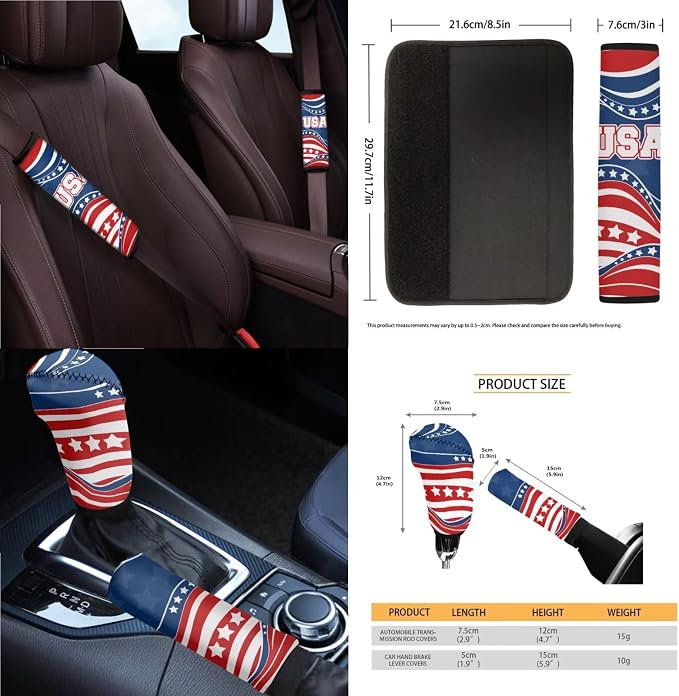 American Flag Print Full Set Car Seat Covers with Steering Wheel Cover Armrest Cushion Safety Belt Pads Car Rearview Mirror Cover Gear Shift Knob and Handbrake Covers Trash Bag