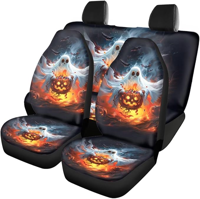 Halloween Ghost and Pumpkin Car Seat Covers Full Set with Steering Wheel Cover Floor Mats Armrest Cover Seat Belt Pads Roof Handle Wraps Cup Coaster Keychains 18 Pcs Auto Interior Accessories