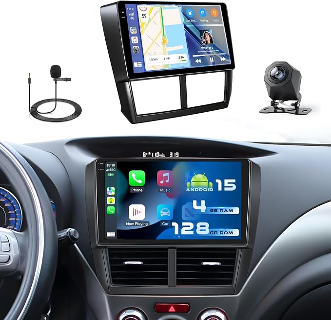 Hikity 4+128G Android 15 Car Stereo for Subaru Forester Impreza WRX STI 2008-2012, 9” Touchscreen Radio with CarPlay, Android Auto, Bluetooth, GPS Navigation, WiFi, DSP, FM, RDS + AHD Backup Camera