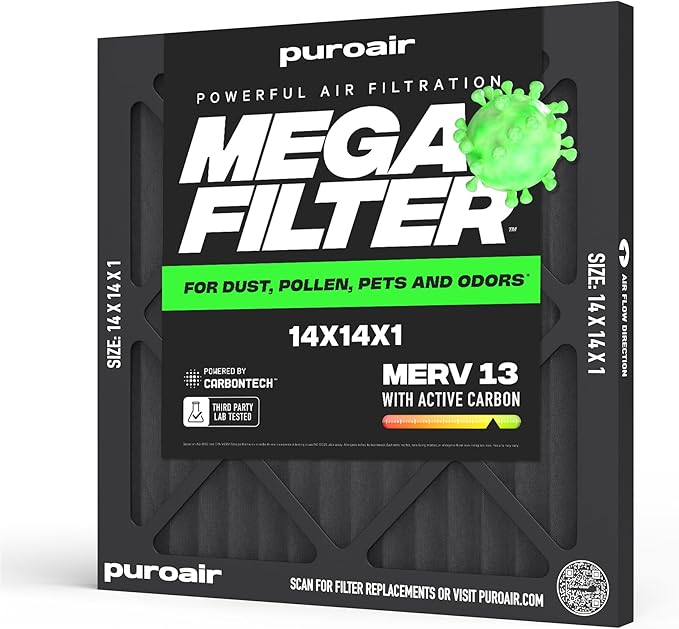 PuroAir MegaFilter - 14x14x1 Air Filter MERV 13 Activated CarbonTech Defense - Heavy Duty 3 Layer Furnace Filters Allergens, Pollen, Dust, Pet Dander, Smoke, Odors - HVAC Air Filter 14x14x1 (1-Pack)