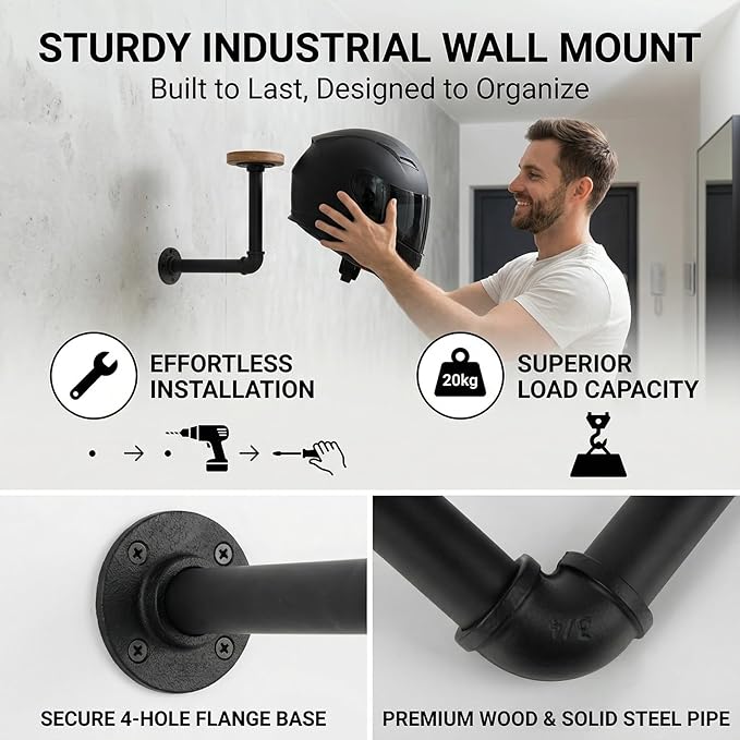 3 PCS Helmet Wall Mount - PSLER Industrial Pipe Helmet Rack,Wig Holder,Hat Display Rack for Motorcycle Helmets,Hats, Baseball and Rugby Helmets