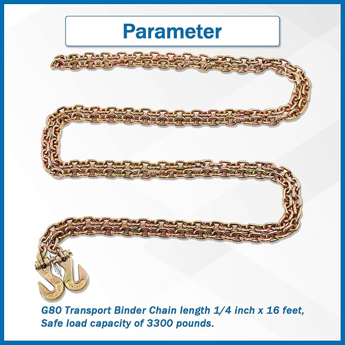 1/4 Inch x 16 Feet Transport Binder Chain G80 Safey Tow Chain with Grab Hooks 3300 Lbs Safe Work Load for Transporting Towing Tie Down Binding Equipment