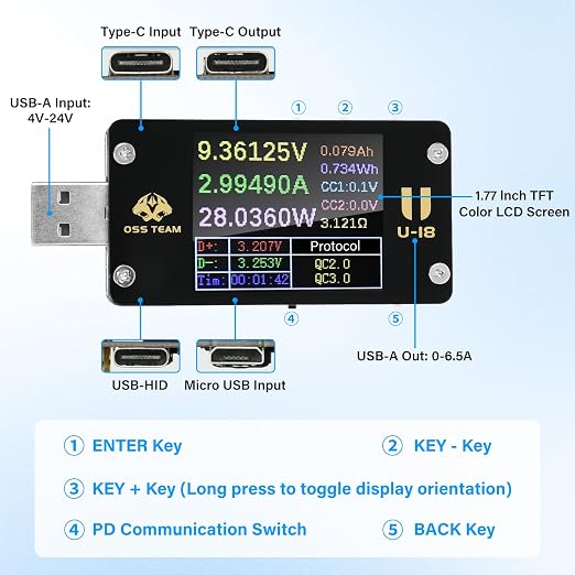 Diymore 2 in 1 Type C USB Tester USB Multimeter USB C Power Mester Tester USB-C Testers DC 4-24V 6A 1.77-inch Multi-Function Voltage and Current Meter QC/PD Protocol Trickle Charger Quick Charge