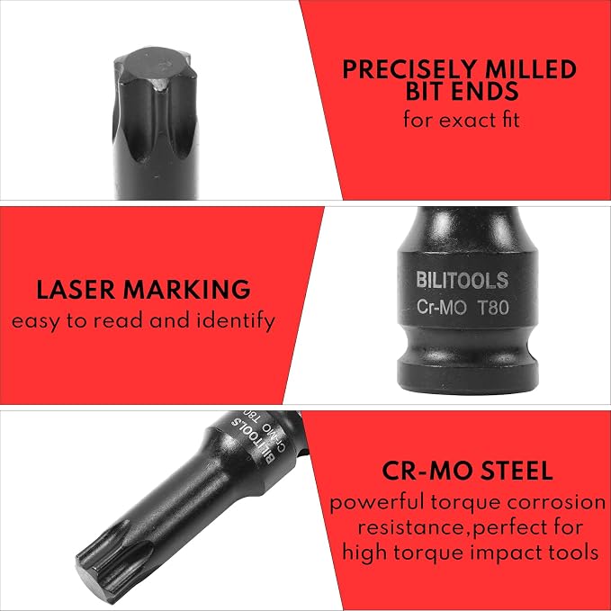 BILITOOLS 8-Piece Impact XZN Triple Square Spline Bit &Hex Allen Bit &Torx Bit Socket Set 1/2 inch Drive, M5-M18, Cr-Mo Steel