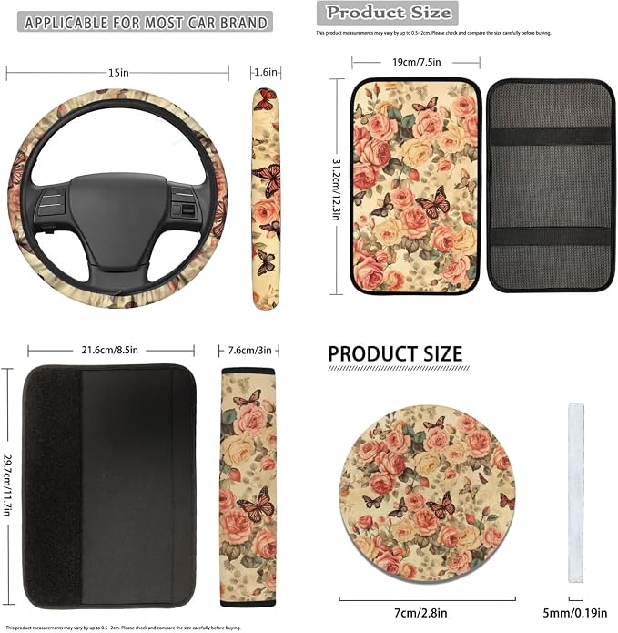 12 Pcs Rose Car Seat Covers - Full Set for Women with Vintage Rose Floral Butterfly Auto Seat Protection, Cute Floral Steering Wheel Cover, Keyring, Armrest Pads, Seatbelt Pads