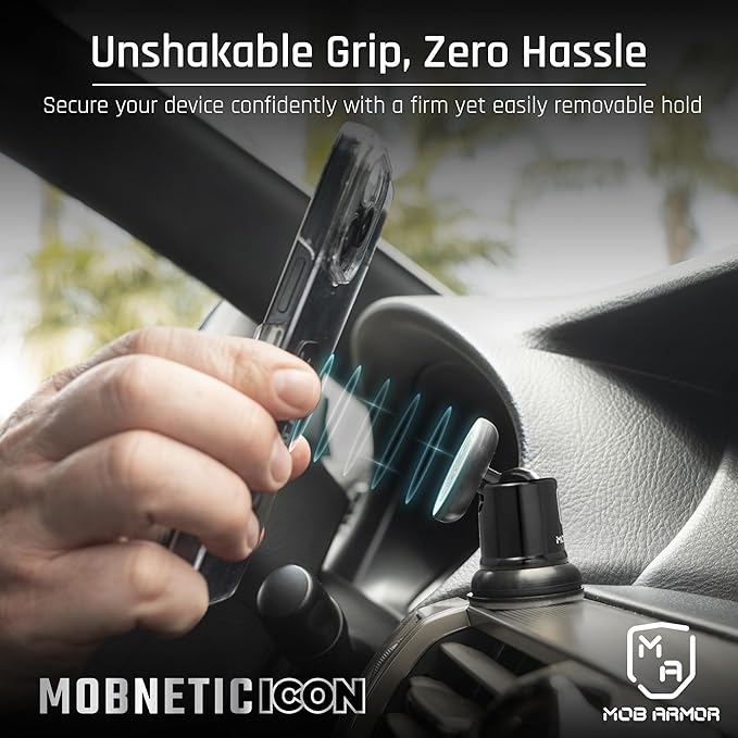 Mob Armor MobNetic Icon Car Phone Mount, Magnetic Phone Holder for Car w/ 90lb Pull Force, 90º Tilt & 360º Rotation, Aluminum Build, Compatibility for iPhone & Android (Alpine White)