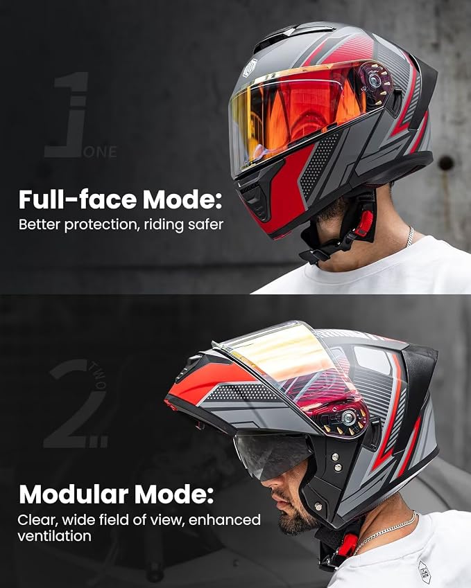 ILM Modular Motorcycle Helmet for Adults Full Face Flip up Riding with Dual Visor Street Bike Racing DOT Model MM966 (Black Red, XL)