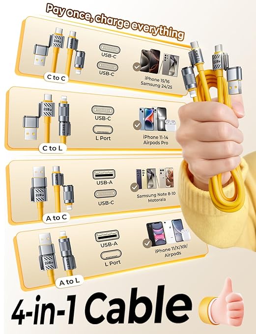 2025 Silicone 4-in-1 USB C Cable 220W Compatible with Lightning Cable Fast Charging & Data Transfer, Support to CarPlay & Android Auto, 5FT Multi Cord Combo Charger for iPhone/iPad